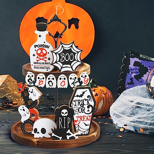 Halloween Wooden Sign Set for Tiered Tray Decorations - Rustic Farmhouse Style, 12 Pieces