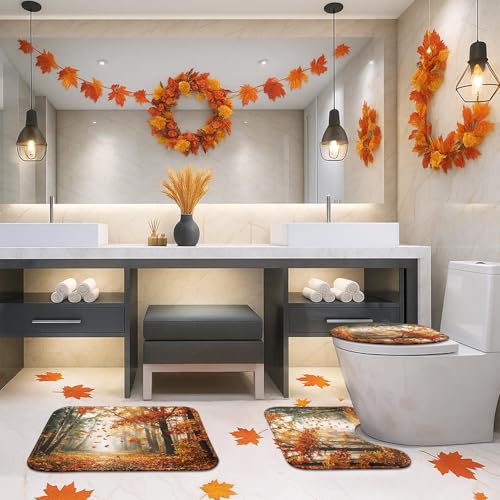 Autumn Halloween Bathroom Rug Set of 3 - Maple Leaf Harvest, Non-Slip Microfiber Bath Mats