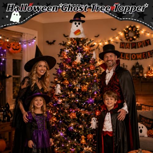 11-Inch Halloween Ghost Tree Topper with Witch Hat and Candy Corns