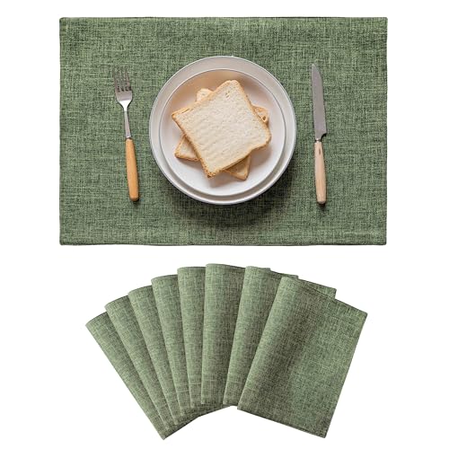 Green Linen Cloth Placemats Set of 8 - Heat Resistant Dining Table Decor