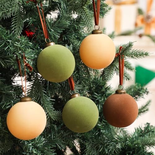 Velvet Christmas Ball Ornaments Set - 30pcs 3.15 Inch Flocked Holiday Decor - Green, Brown, Beige
