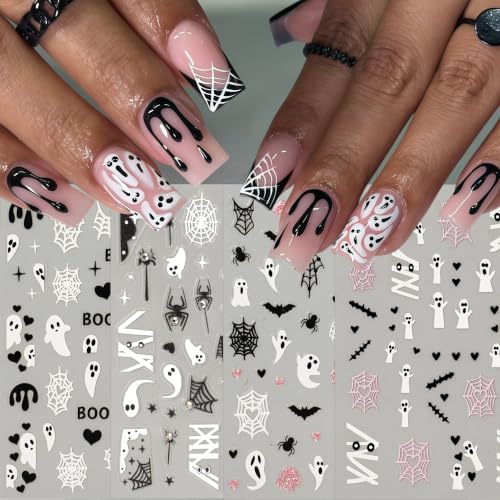 Halloween Nail Stickers 8Pcs Ghost Spider Web 3D Rhinestone Decals for Women DIY Nails - Diamond Spider Ghost Variation