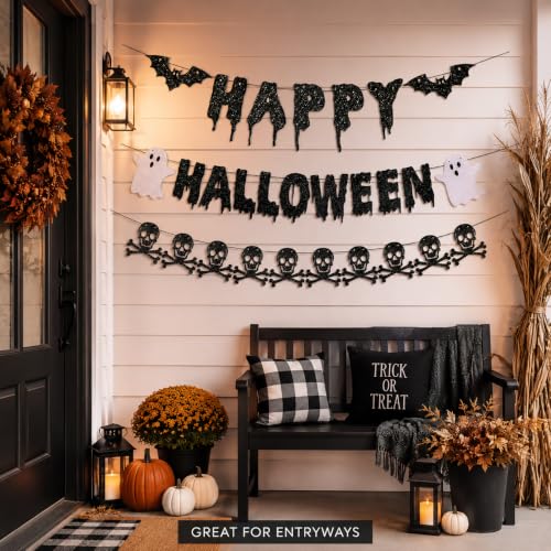 Halloween Banner Decorations with Bat Ghost Skull Glitter Pre-Strung Party Supplies