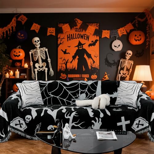 Halloween Sofa Cover with Tassels for 2-3 Cushion Couch - Reversible Chenille Pet & Home Decor - Black / Large (71x102)