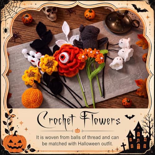 Halloween Crochet Flower Bouquet with Bats Ghost Pumpkin - 14.6 x 11.8 Inches