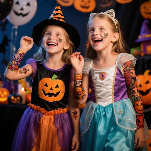 Halloween Temporary Tattoos for Kids - Full Arm Sleeve Pumpkin Design, 52 Sheets, Water-Resistant Fun