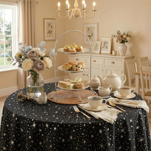 Black Round Tablecloth 60x60 Inch with Star Sequin - Durable Polyester
