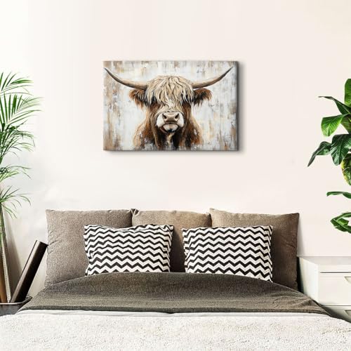 Longhorn Cow Wall Art Canvas - Rustic Highland Cow Decor 36x24 Variation of THIS listing Cow01