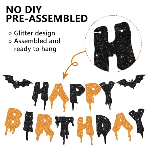 Halloween Banner Decorations - Glitter Happy Birthday Banner with Dripping Blood & Bat Design - Black & Orange - No DIY