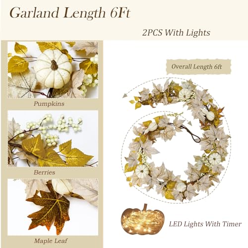 2 Pcs Fall Garland with Lights - 6Ft Autumn Leaves, Pumpkins & Berries for Home Decor