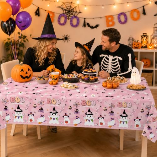 Pink Boo Halloween Plastic Tablecloth - 2PCS Rectangular Disposable Spooky Party Cover - Pink, Ghosts & Bats - 108x54 Inches - Halloween Variation