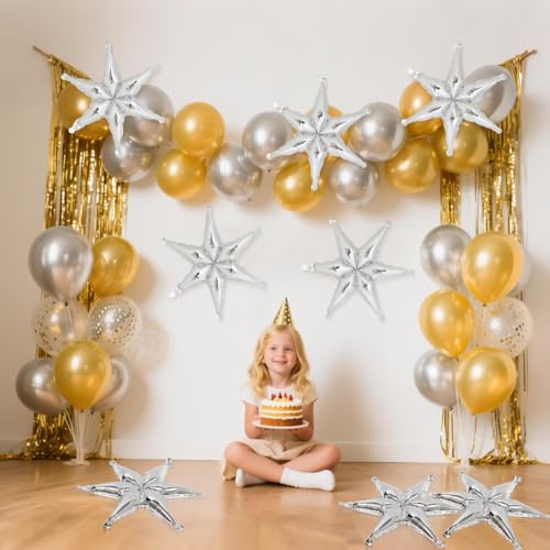 Silver Hexagon Star Foil Balloons - 8 Pack, Reusable Party Decorations