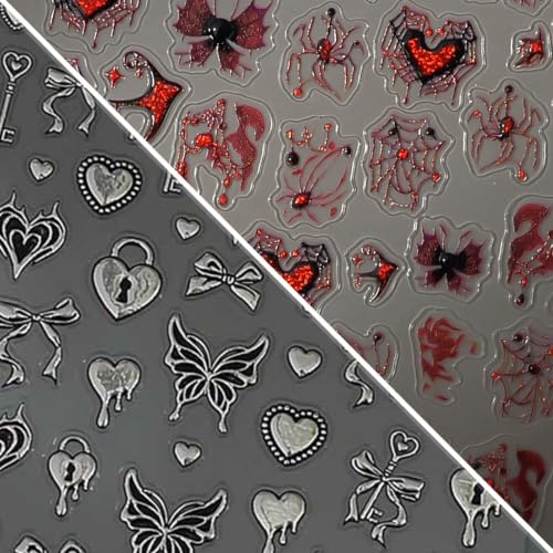 Halloween Nail Stickers 3D Red Spider Web Bat Love Design - Horizontal & Silver Variation