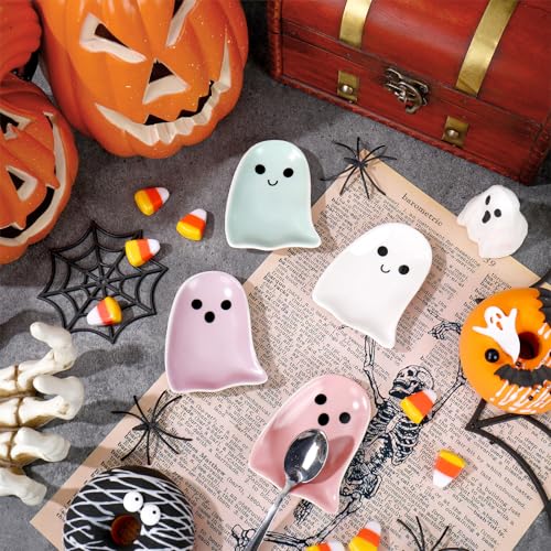 Halloween Ghost Ceramic Spoon Rests Set - White Pink Purple Blue, 4 Pcs Mini Coffee Spoon Holders with Expressions