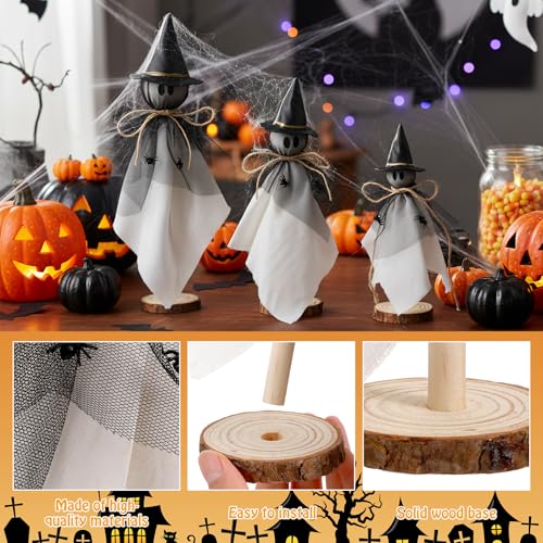 Halloween Ghost Decorations Set of 3 Rustic Wooden Tabletop Figures with Witch Hats