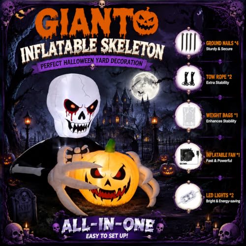 7FT Halloween Skeleton Reaper Inflatable with Jack-o'-Lantern & LED Lights — Outdoor Yard Decor