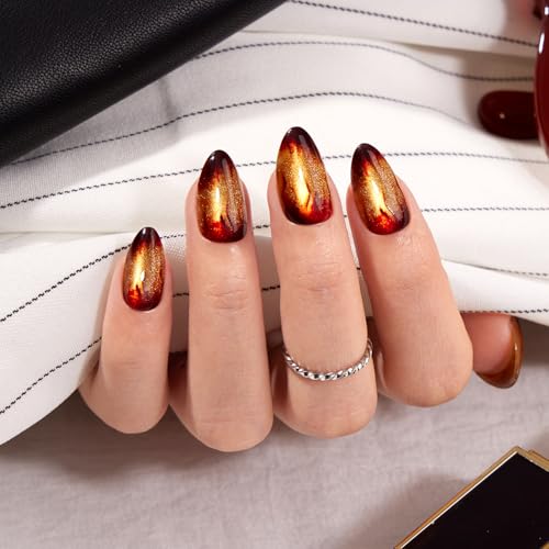 Press On Nails Short Almond with Glitter & Magnetic Effect - Warm Fireplace A2 Variation