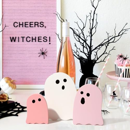 Halloween Ghost Wooden Sign Decorations - Pink & White Tiered Tray Decor