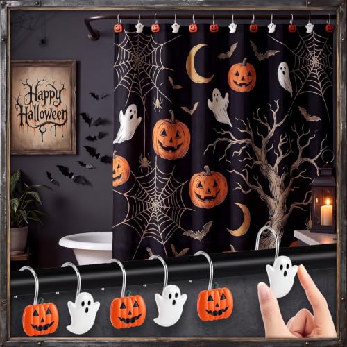 Halloween Shower Curtain Hooks Set - Ghost Pumpkin Decor, 12 Pieces, Orange & White Variation