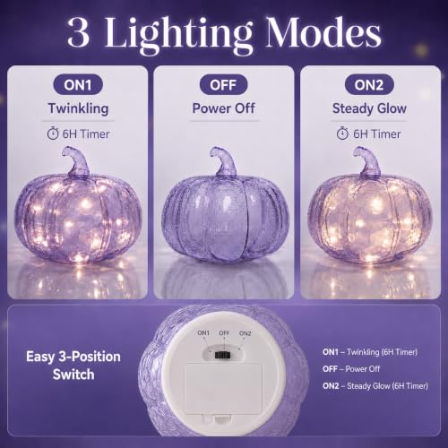 Lavender Crackle Glass Pumpkin Light - 5.5 Inch Battery-Operated LED Decor with 3 Modes & 6H Timer