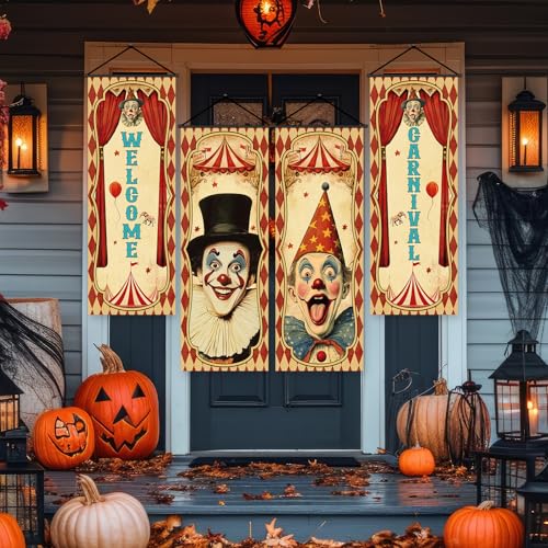 Vintage Halloween Carnival Banners Set with Clown & Circus Themes - 4 Pieces