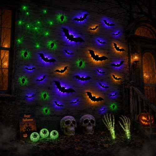 Halloween 41-Piece Light-Up Bat & Spiders Wall Decor Kit with Glow Effects