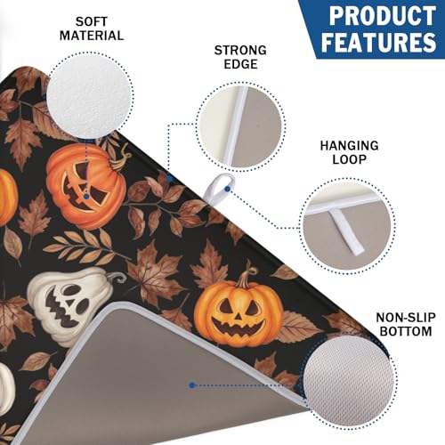 Halloween Maple Leaf Dish Drying Mat - Spooky Orange & White Pumpkin, 18x24 Inch, Reversible Microfiber Kitchen Counter Pad