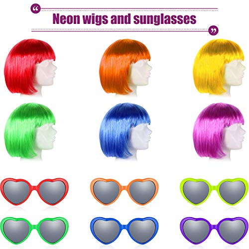 Colorful Party Wigs and Heart-Shaped Sunglasses Set - Neon Costume Accessories for Halloween & Events
