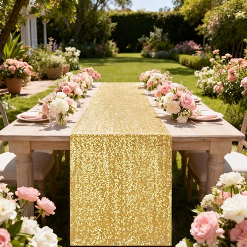 Gold Sequin Table Runner 12x72 Inch - Elegant Party Decor, 1 Pack