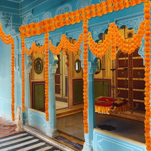 Orange Marigold Garland Set - 10 Pieces, 5 Feet Artificial Indian Decoration