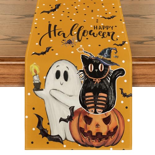 Halloween Table Runner 13x90 Inch - Orange Jack-O'-Lantern Ghost Black Cat Bat Decor