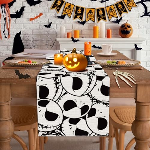 Halloween Skeleton Skull Table Runner Black & White 13x72 Inches - Gothic Holiday Decor