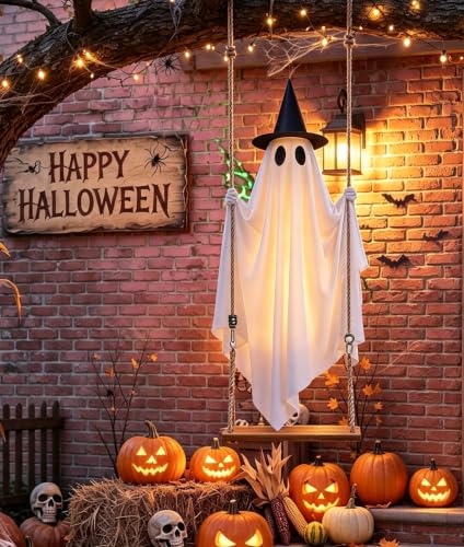 5 FT Hanging Ghost Halloween Decor with Witch Hat, LED Lights & Remote, Outdoor Indoor Yard Tree Porch Ornament - 1pc