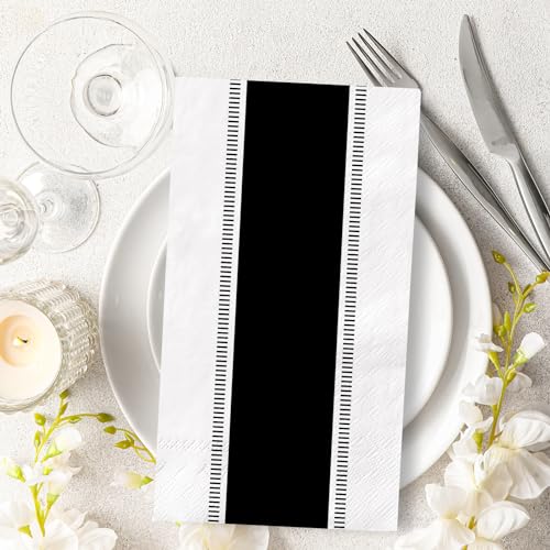 Black / 100 Pcs Guest Napkins - Striped Disposable Paper Dinner Towels