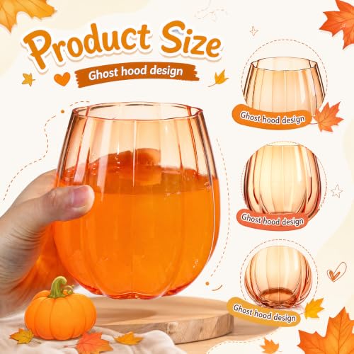 Pumpkin Wine Glasses Set of 4 - 20oz Stemless Fall Drinkware, Orange, Halloween Decor