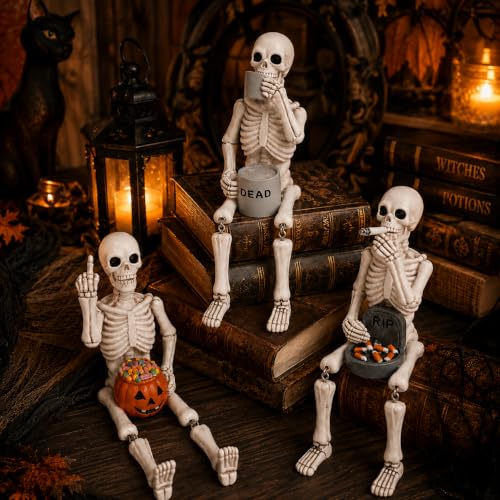Halloween Skeleton Statues Set of 3 - Funny Shelf Sitters for Seasonal Decor - Variation 1
