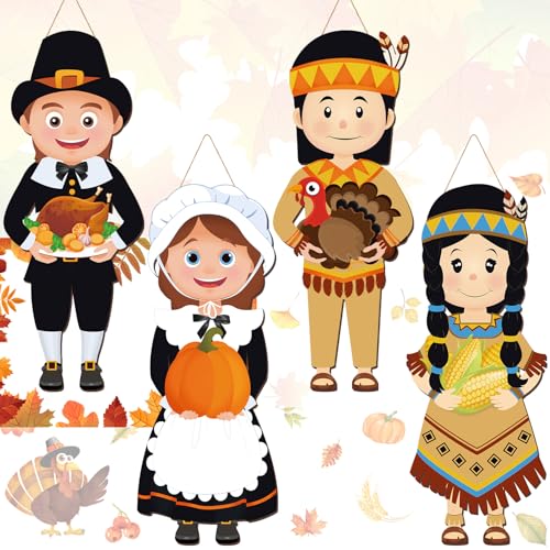Thanksgiving Pilgrim Hanging Signs Set - Outdoor Fall Decor for Porch & Front Door