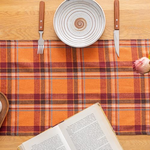 Plaid Fall Thanksgiving Table Runner - Orange Red 13x48 Inches - AQOTHES