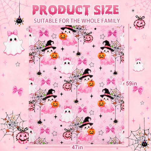 Pink Halloween Throw Blanket - Cute Ghost Pumpkin Pastel Decor 59x47in