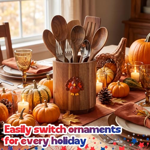 Halloween Pumpkin Kitchen Utensil Holder with Seasonal Decor - Wood Storage
