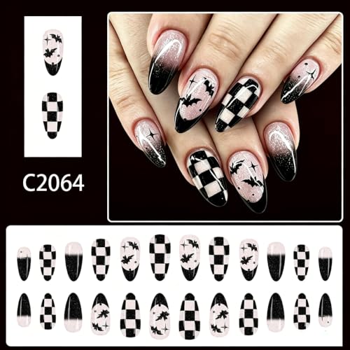 Halloween Fake Nails - Checkered Bat Ombre Almond Press-On Nails Style-37
