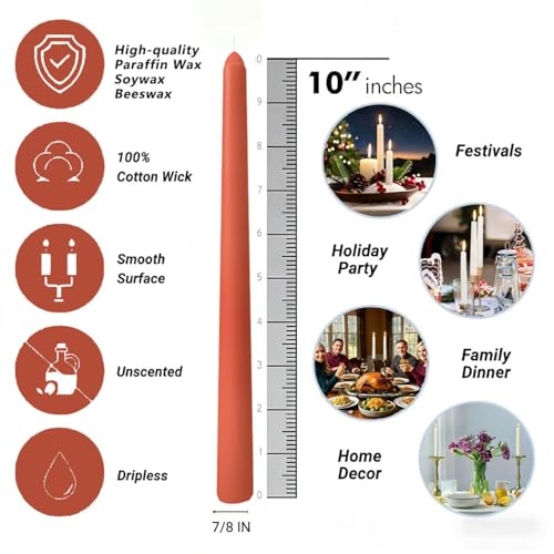 Burnt Orange Taper Candles 20-Pack - Unscented, 10 Inch Tall for Fall & Halloween Decor