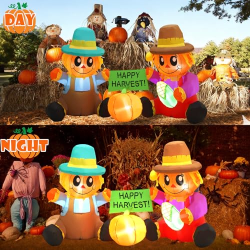 6 FT Fall Inflatable Scarecrow and Pumpkin Outdoor Decor - Built-in LED Lights