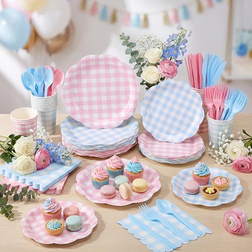 Pink and Blue Gingham Gender Reveal Party Supplies - 452 Pcs Baby Shower Decorations