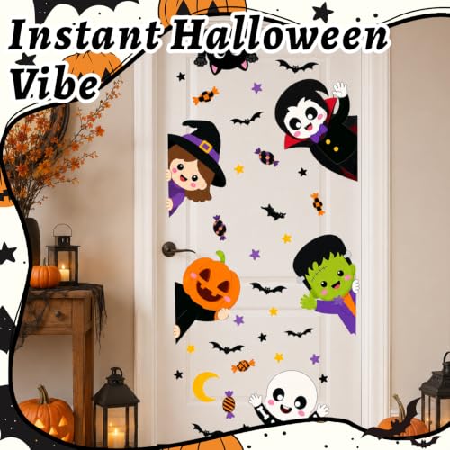 Halloween Door Sticker Set - 44.88 x 15.75 Inch Pumpkin Witch Ghost Green Monster - Variation Halloween-5
