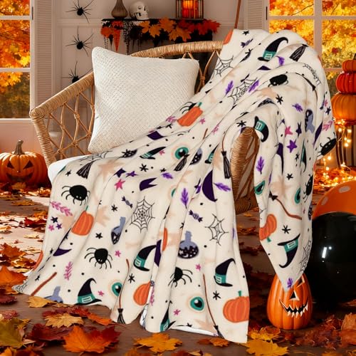 Halloween Fuzzy Fleece Throw Blanket with Spooky Pumpkin Bat Ghost Black Cat Print - White Spider Web, 50x60 Inches