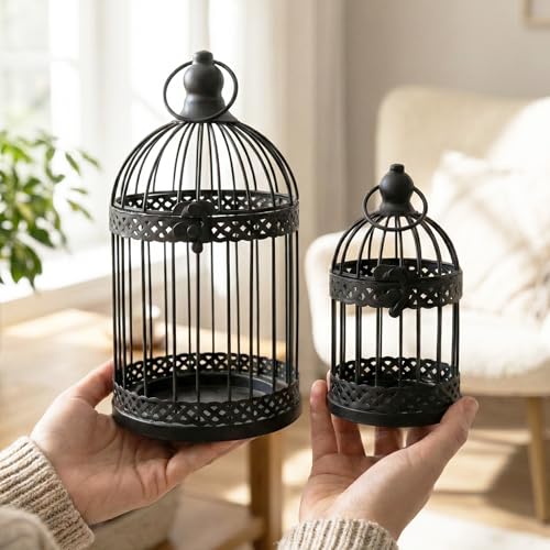 Decorative Bird Cage Candle Holders Set - Medium & Mini Black Lanterns