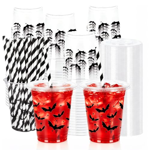 Halloween Plastic Cups with Lids & Straws - Black Bat Design, 12Oz, 50 Pack