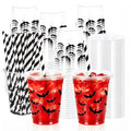 Halloween Plastic Cups with Lids & Straws - Black Bat Design, 12Oz, 50 Pack