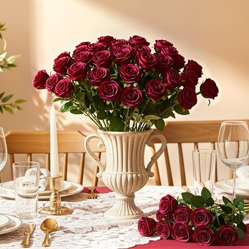 Artificial Burgundy Roses Bulk - 60 Silk Fake Flowers for Weddings & Decor - Wine Red